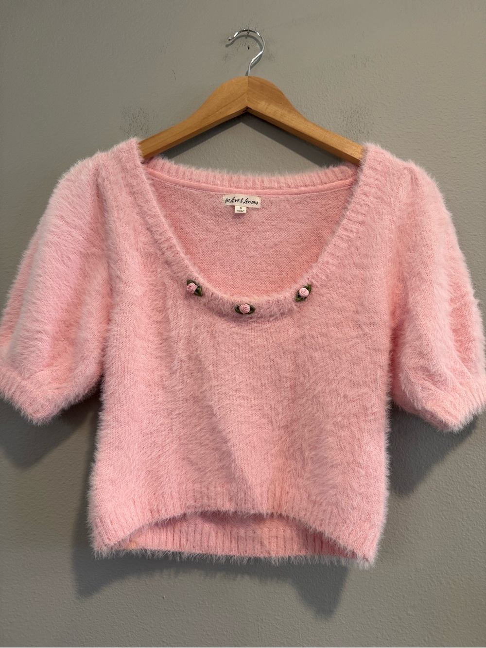 For Love & Lemons Fuzzy Puff Short-Sleeve Sweater Rose Appliqué Crop Small